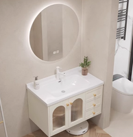 Ensemble de meubles de salle de bain en chêne avec miroir LED résistant à l'eau, lavabo monobloc de petite taille avec lavabo à main