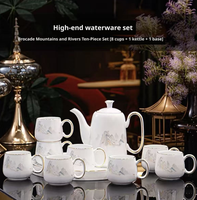 Service à café et à thé en céramique dorée à motifs paysagers, ensemble de vaisselle de luxe en porcelaine avec théière et tasses pour la décoration de la maison