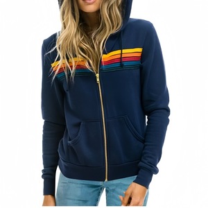 <strong>Women's</strong> Casual Autumn <strong>Fleece</strong>-Lined Hooded Full-Zip Sweatshirt Colorful Striped Accents Loose Relaxed Fit Soft Warm <strong>Fleece</strong> - Product Image 2