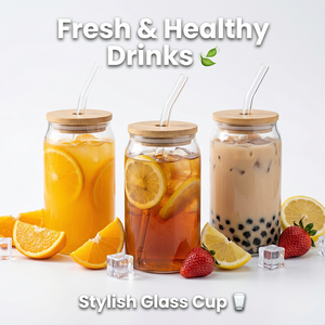 Caneca de Leite de Vidro de 16 Oz com Tampa de Bambu e Canudo, Design Moderno, Portátil, Reutilizável para Café Gelado, Sucos e Smoothies, Uso em Casa e Festas - Product Image 1
