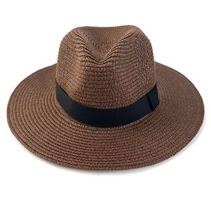 Topi Panama Anyaman Warna Solid Baru dengan Pinggiran Lebar dan Pita Hitam, Topi Jerami Fedora Pelindung Matahari untuk Musim Panas di Pantai, untuk Wanita dan Pria - Product Image 2