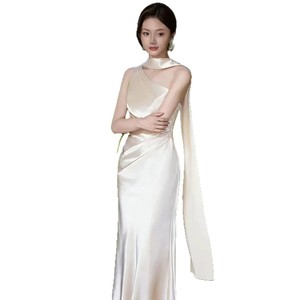 Champagne Satin One-Shoulder Fishtail Gown Asymmetric Design Coming-Of-Age Ceremony Dress Natural Waistline - Product Image 5