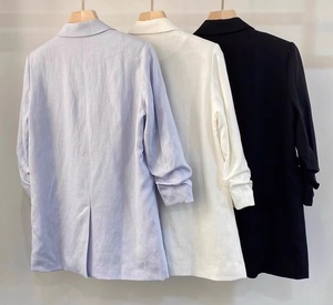 Blazer in <span class=keywords><strong>Lino</strong></span> di Alta Qualità Nuovo 2026 Primavera <span class=keywords><strong>Donna</strong></span> Colletto a Revers Bottone Singolo Manica 3/4 Casual Blu Bianco Nero Cappotto Giacca - Product Image 3
