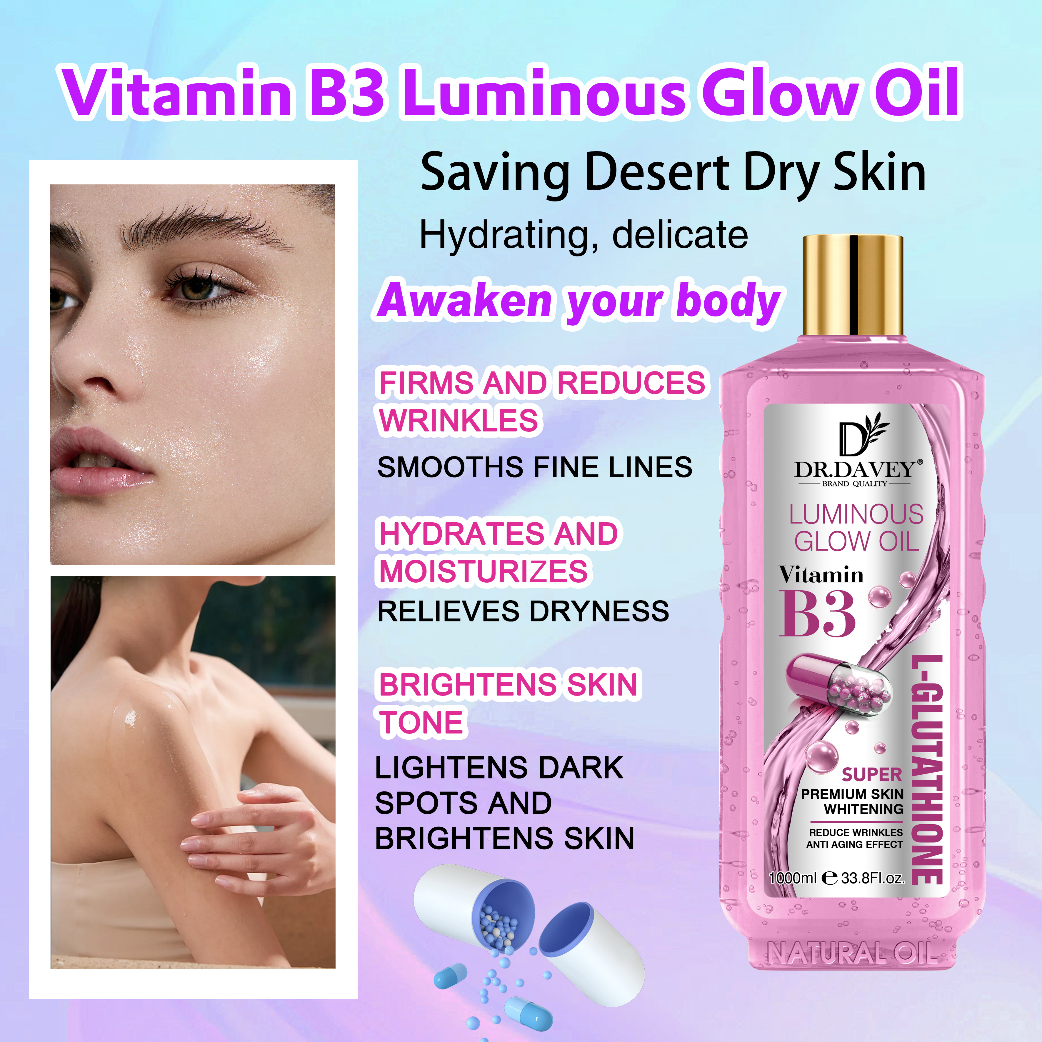 l glutathione oil DR.DAVEY Vitamin B3 + L-Glutathione Luminous Glow Oil 1000ml Body Care  Whitening & Lightening Moisturizer| Alibaba.com