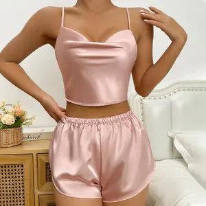 Pajamas Women's Seductive Halter Skirt Shorts 2 Sets Comfortable Breathable Ice Silk Satin Home Wear