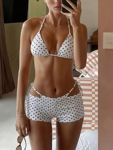 Ensemble bikini rouge à pois pour femme, haut triangle à col halter et short, maillot de bain extensible imprimé, tenue de plage tendance - Product Image 4