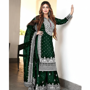 DESIGNER VINTAGE GEORGETTE EMBROIDERY SEQUENCE WORK <b>TOP</b> SHARARA with DUPATTA GREEN 100% SILK 3-Piece Set Full-Length - Product Image 2