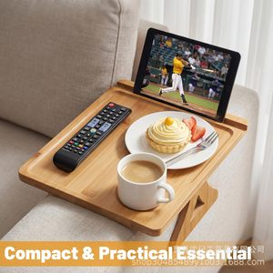 Plateau d'accoudoir de canapé en bois avec support pour téléphone, porte-gobelet et rangement pliable pour salon - Product Image 2