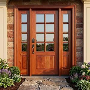 Porte d'entrée en bois massif de style artisanal américain, avec panneaux de verre multi-vitrages et élégantes fenêtres latérales doubles. - Product Image 4