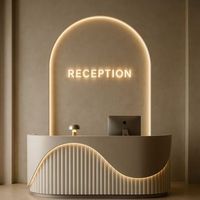 Comptoir de réception carré moderne en bois avec éclairage LED et rangement pour écoles, hôpitaux, centres commerciaux, bureaux et magasins