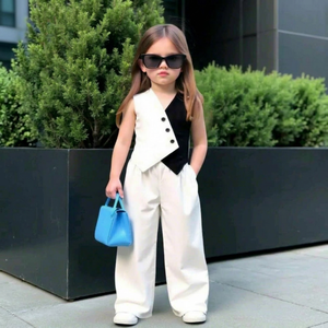 Girls Asymmetrical Two Tone Waistcoat & Wide Leg <b>Trouser</b> Set Color block Distinct black and <b>white</b> contrast - Product Image 1