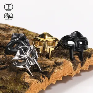 Cincin masker untuk pria, cincin emas perak hitam Mf Doom baja tahan karat Titanium Nordik Retro Punk Gladiator