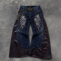 DiZNEW Jeans personnalisés pour hommes, style streetwear, avec ailes d'ange en sequins, patchwork en cuir, coupe évasée, denim clouté, style gothique, jorts, usine BSCI