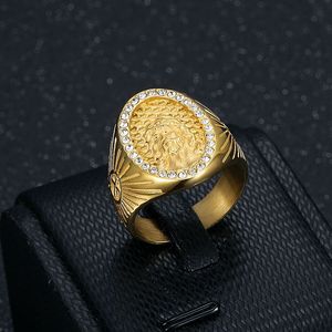 Golden Oval Men's <b>Ring</b> With Lion Head And <b>Crystal</b> Pave Setting For Everyday Wear - Product Image 3