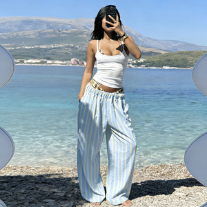 กางเกงขายาวลำลองเอวต่ำลายทางสีสันสดใสสไตล์วันหยุด กางเกงขายาวผ้าทอชายหาดอเนกประสงค์น้ำหนักเบา - Product Image 1