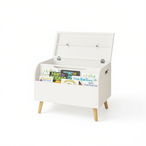 Caja de juguetes de madera con estantería frontal, tapa abatible, bisagra de seguridad, organizador para guardar juguetes de niños, banco para sala de juegos - Product Image 1