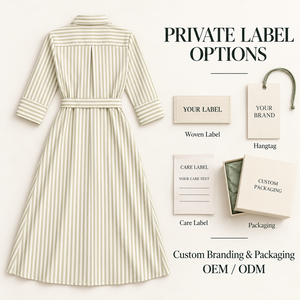 Abito Midi da Donna Personalizzato OEM <span class=keywords><strong>Ecru</strong></span> Moss Chalkstripe con Bottoni Frontali, Cintura e Risvolto, Stile Camicia, per Pendolari, Private Label - Product Image 4