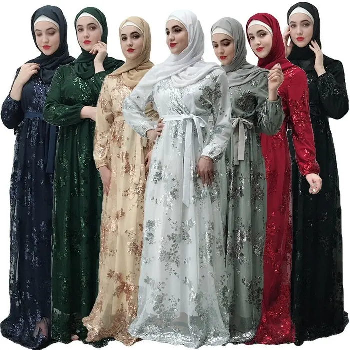 Promotionele Prijs Loriya Abaya Sequin Lange Kant Jurk Islamitische Kleding Voor Moslim Vrouwen
