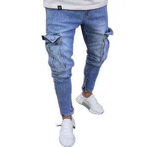 Брюки-карго 2020, модные рваные брюки на молнии с большими карманами, облегающие эластичные потертые мужские джинсы