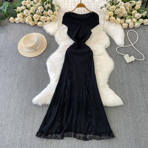 Abito Sexy Traforato con Scollo a V Senza Maniche in Maglia per Donne, Patchwork in Pizzo, Vita Stretta, Elegante Gonna Lunga a Coda di Pesce - Product Image 4