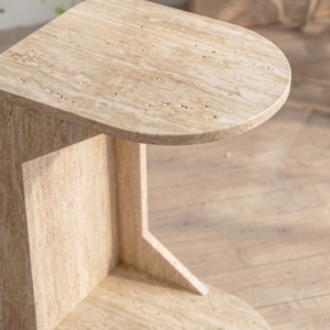 Minimalistischer Holz-Beistelltisch in <span class=keywords><strong>C</strong></span>-Form mit Travertin-Optik und MDF-Furnier-Design für Sofa und Wohnzimmer Eck-Tisch - Product Image 4