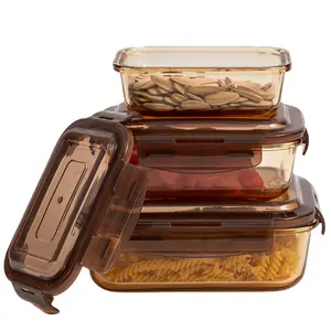 Eco-Friendly Amber color Glass Food Container With Lid Amber Glass Lunch Box Microwavable Lunch Container