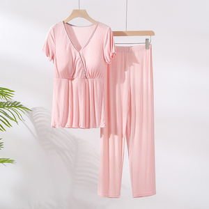 <span class=keywords><strong>Chemise</strong></span> courte et pantalon Long en Modal pour femme, tissu fin d'été, vêtements de <span class=keywords><strong>grossesse</strong></span>, vente en gros - Product Image 3