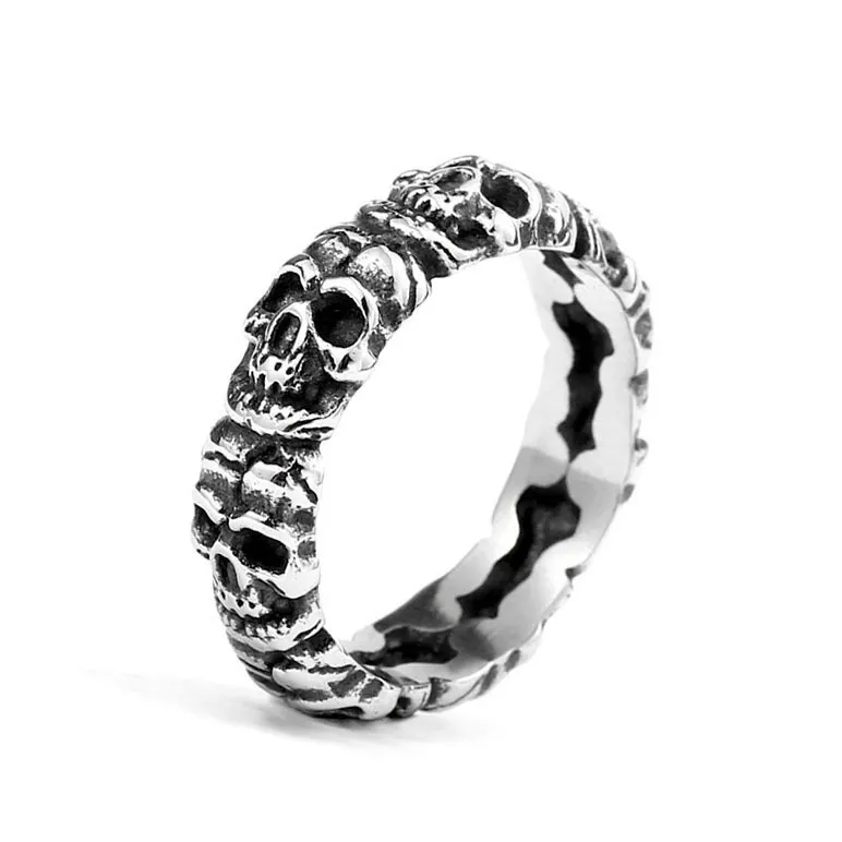 SSR092 Vintage Stainless Steel Biker Rings Mens Silver Black Gothic Punk Skull Ring 2.5mm Retro Ring