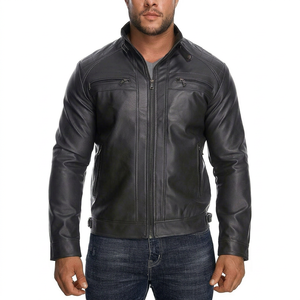 Men Black PU Leather Moto <b>Biker</b> <b>Jacket</b> Zipper Front Stand Collar Regular Sleeve Solid Color Autumn Style Windproof - Product Image 1
