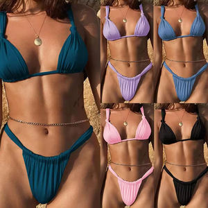 Ensemble bikini violet pour femme, haut triangle froncé, bas string, couleur unie, maillot de bain tricoté extensible, deux pièces, tenue de plage - Product Image 4