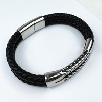 Bracelet en cuir tissé sur mesure de haute qualité en gros, 2 couches, acier inoxydable, bracelet en cuir tendance, bijoux pour hommes, bracelets