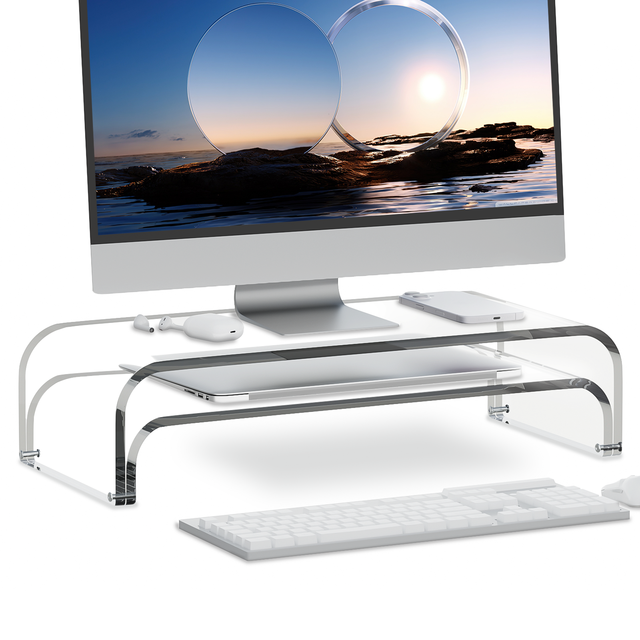 Acrylic Dual Monitor Stand Riser 2 Tier, Modular Laptop Stand for Desk, Multifunctional Desktop Organizer Shelf for PC, iMac