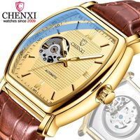 CHENXI 8815 Montre automatique de luxe pour homme, bracelet en cuir véritable, 3 ATM, cadran squelette carré, montres mécaniques pour hommes