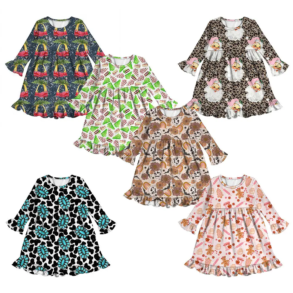 Mode de haute qualité hiver automne infantile à manches longues enfant en bas âge fille robes de perles avec volants impression personnalisée enfants robe virevoltante