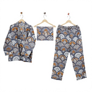 Women's 100%Cotton Geometric Printed Pajama Set Long Sleeve Full Length Soft Woven Sleepwear Casual Spring Drawstring Closure - Product Image 1