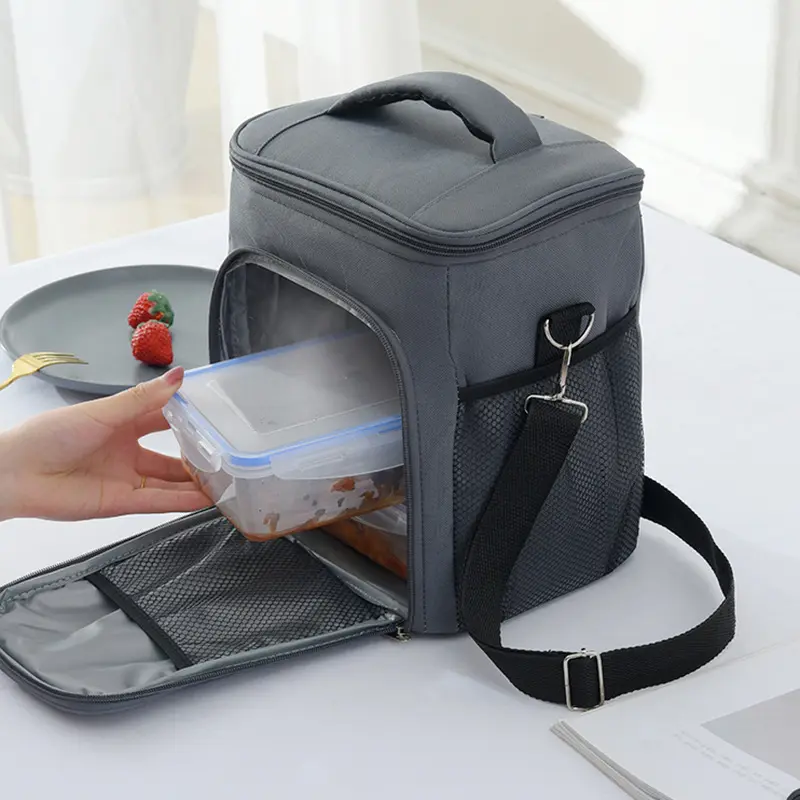 Simple custom oxford double layer Foil insulated thermal bag nylon shoulder food cooler bag with pocket