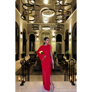 Robe longue rouge asymétrique élégante à taille empire, fente haute, perles, pour banquet d'hiver, invitée de mariage, soirée XS-XL - Product Image 4