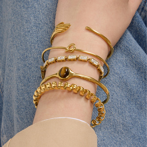 Brazalete Abierto de Ojo de Tigre Chapado en Oro, Joyería Unisex, Regalo, Engaste Ovalado, Origen Yiwu - Product Image 2