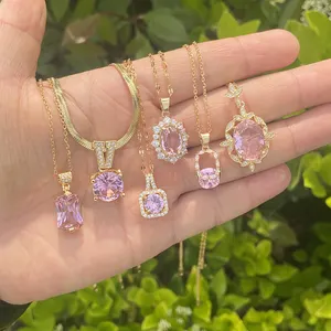 Wholesale Geometric Pendant Necklace Temperament Light Luxury Stainless Steel Necklace Girly Pink Zircon Necklace for Women