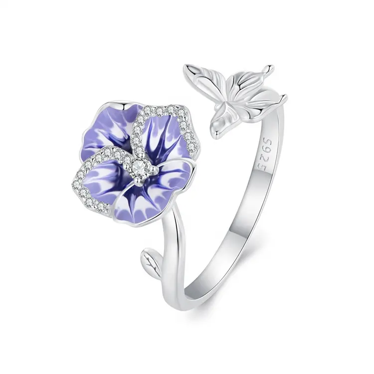 Traje flor hiphop delicada jóias atacado anéis funky zircão esterlina prata verão redimensionável borboleta anel para as mulheres