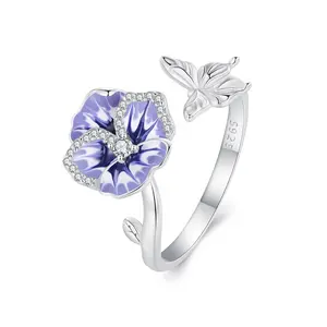 costume flower hiphop dainty jewelry wholesale rings funky zircon sterling silver summer resizable butterfly ring for women