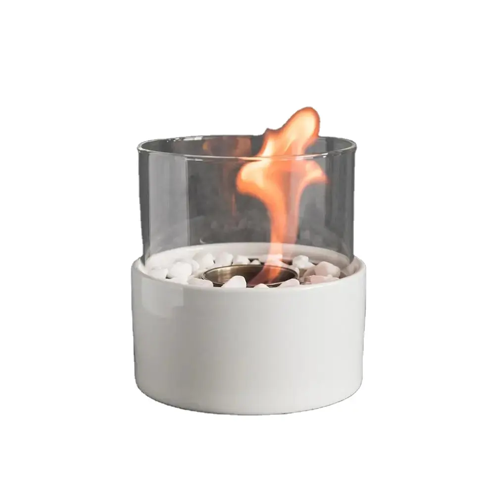แก้วเตาผิงสีขาวเซรามิกส์ไฟทรงกลมสำหรับติดโต๊ะแบบไร้ควันทำจากเอทานอลชีวภาพแบบพกพาได้