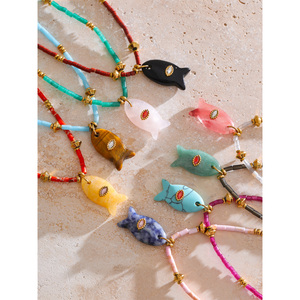 <span class=keywords><strong>Collar</strong></span> JINYOU 653 con Cuentas de Acero Inoxidable y Piedras Multicolores, <span class=keywords><strong>Collar</strong></span> con Colgante de Pez de Circonia Cúbica y Piedra Natural - Product Image 2