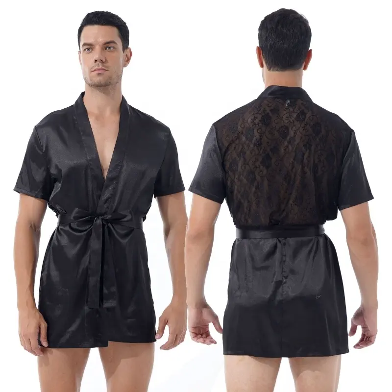 Robe de nuit en Satin pour hommes, chemise de nuit en dentelle florale, Patchwork au dos avec ceinture