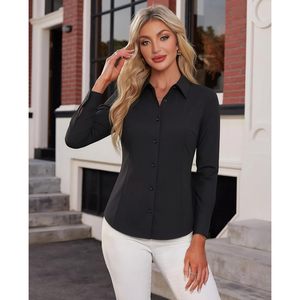 Custom Womens Dress Shirt Long Sleeve Black Wrinkle Free Stretch Work <b>Blouse</b> Regular Fit Solid Business Shirt - Product Image 2