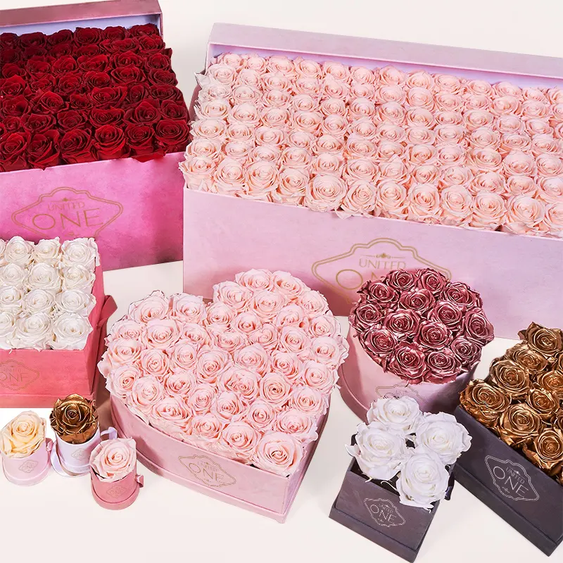 UO Red Preserved Eternal Pink Rose Square Shaped in Hat Box Preserved Flowers Roses For Valentine Mother's Gift