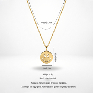 QIAOREN 11782 Collier tendance en acier inoxydable avec pendentif rond doré motif visage souriant et yeux, accessoire pour hommes et femmes américains et européens - Product Image 6