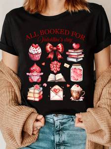 T-shirt stampata per San Valentino da donna, girocollo, manica normale, stile casual, design per amanti dei libri, tessuto in jersey di cotone 100%. - Product Image 3
