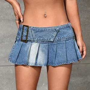 Tùy chỉnh mùa hè cổ điển Y2K eo thấp chia Thắt xếp li Mini Jeans Váy cho phụ nữ