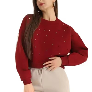 Luxury Beaded <b>Fleece</b> <b>Sweatshirt</b> for Women Custom Pearl Embellished Pullover Sweaters Winter Warm Loose Crop <b>Sweatshirt</b> - Product Image 1